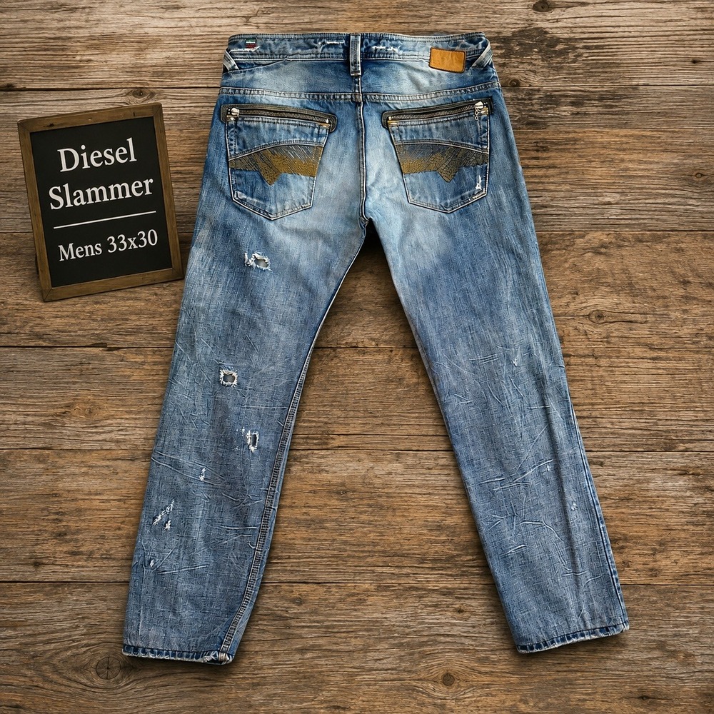 Diesel Slammer Mens 33x30 Distressed Blue Jeans Made in Italy Button Fly Hemmed